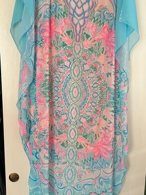 Lilly Pulitzer Turquoise & Pink Floral Patterned Sheer Kaftan